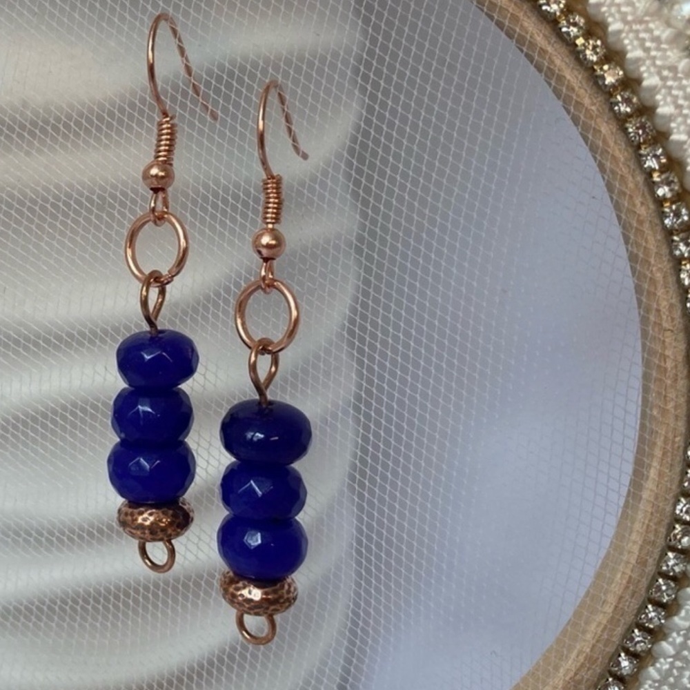 Artisan Copper and Navy Blue Jade Earrings - Picture 1 of 9